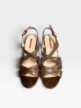 Prada Metallic Brown Leather Crisscross Sandals